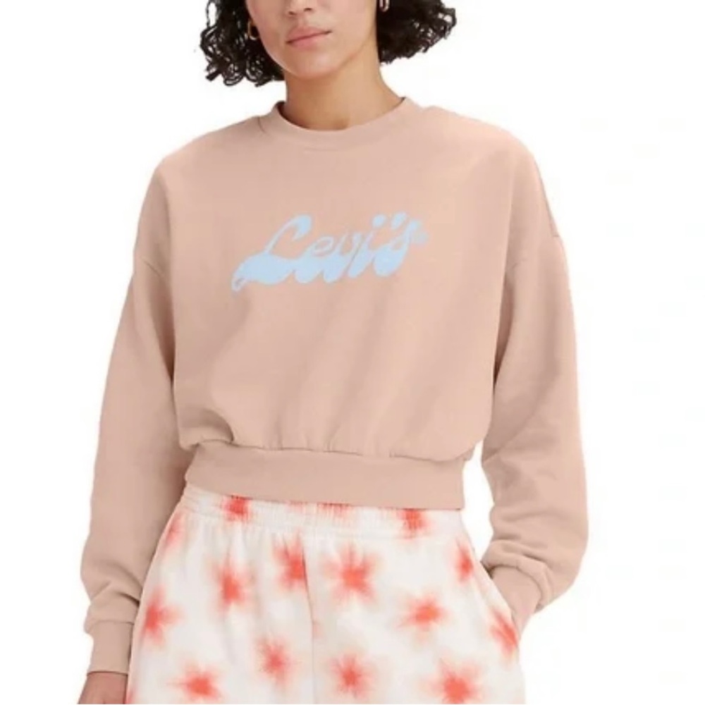 Levi’s Cropped Graphic Logo Sweatshirt Women’s Small Peach Puree Script NWT